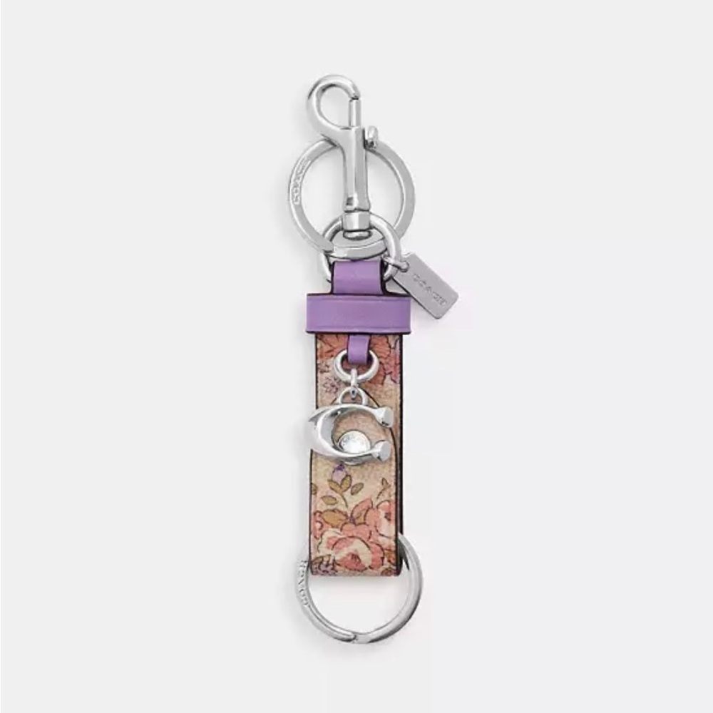 Coach Trigger Snap Bag Charm Floral Print Keychain Silver Leather NWT